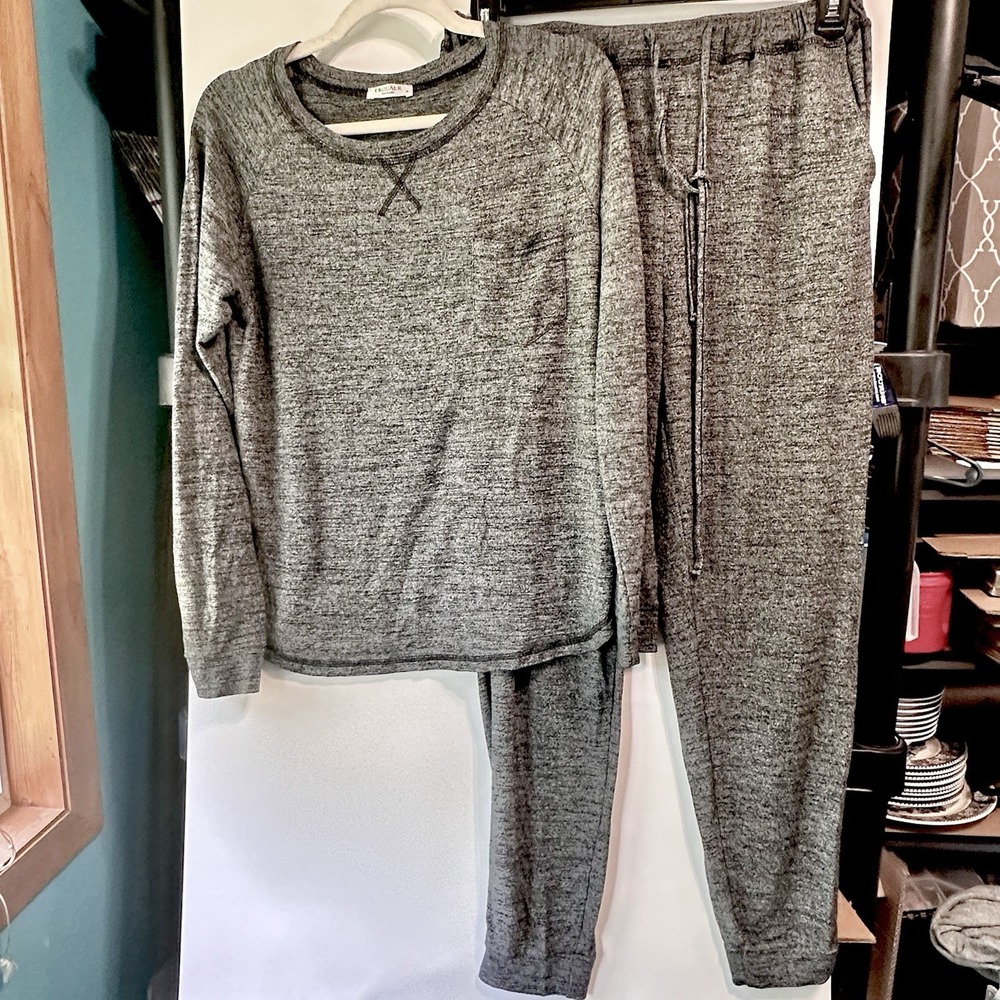 Ekouaer Lounge Set Gray Marled Knit Top Jogger Pants Womens Size M Pajamas